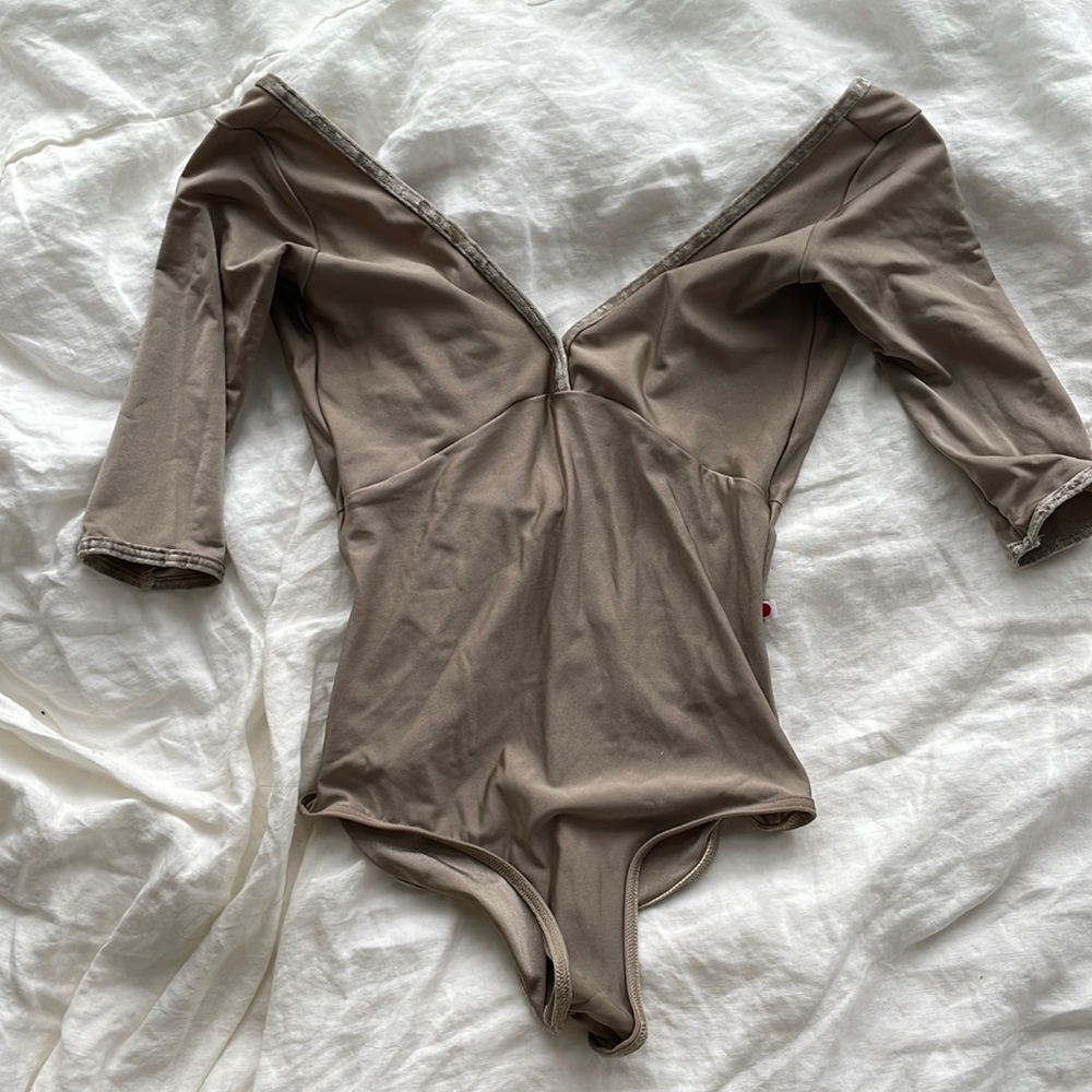 Yumiko tan leotard with velvet trim